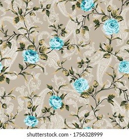 blue vector flowers with leaves pattern on seamless paisley background