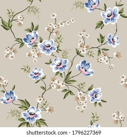 blue vector flowers with leaves pattern on cream background