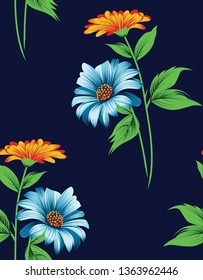 Blue vector flowers pattern on navy background