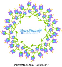 Blue vector flowers round frame isolated on white background