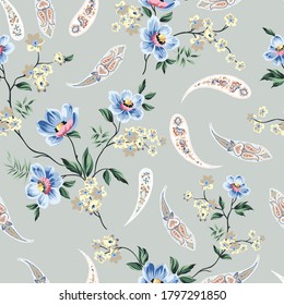 flores vectoriales azules con un patrón paisajístico floral sin soldadura sobre fondo verde