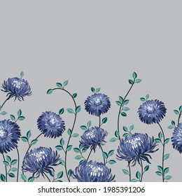 flores vectoriales azules con hojas verdes sin soldadura patrón de borde en fondo gris