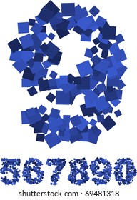 Blue vector font made of flying squares