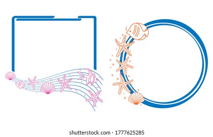 blue vector frames with decorative sea starfish and fishes and shells