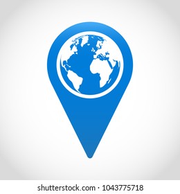 Blue vector geolocation sign with a globe.  location map pointer. 