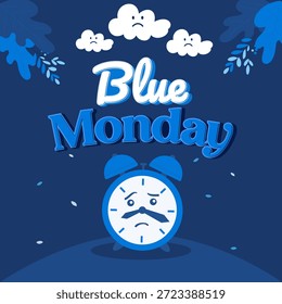 Gráfico de Vector azul con nubes tristes y un despertador desalentado, que representa el día más sombrío del año o el blues invernal.