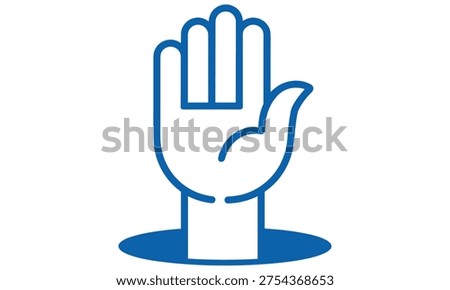 A blue vector graphic illustration of a hand with the palm facing forward in a stopping or refusing gesture.
