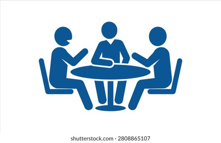 Blue vector graphic illustration of three people sitting around a round table in a meeting or discussion