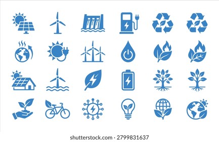Blue vector graphic illustration of various eco friendly symbols and icons representing renewable energy and sustainable living concepts in a clean design