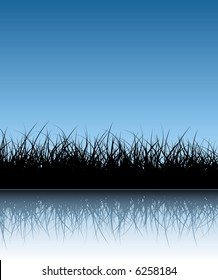 Blue vector grass background with reflections in the water