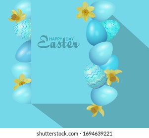 
Blue vector greeting card surrounded by realistic eggs and yellow daffodils. Easter monochrome design with spring flowers and place for your text.
