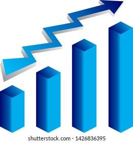 Blue vector growth graph icon with arrow move up. Vector graphic illustration of column chart.