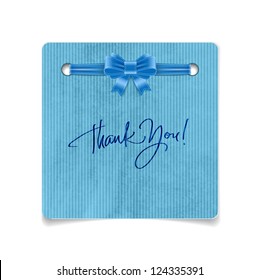 Blue vector hand made paper textured note with silky ribbon bow knot with handwritten text "Thank you"