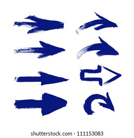 Blue vector hand-painted brush stroke arrows collection on black background