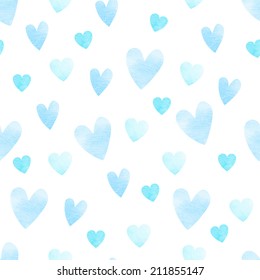 Blue Vector Heart Shape Seamless Watercolor Pattern, Isolated Background