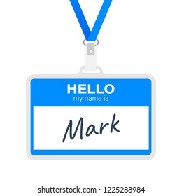 Blue vector "Hello my name is" label sticker on white background. Vector stock illustration.