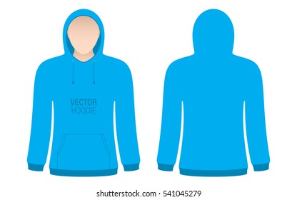 Blue vector hoodie template. Model woman dressed in a blue hoodie, isolated on a white background.