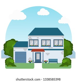 Blue vector house in flat style. Green landscape around house. Garage in house.