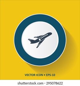 Blue vector Icon of Airplane on Yellow Color Background with Long Shadow. Eps.10.