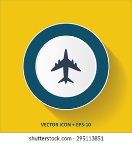 Blue vector Icon of airplane on Yellow Color Background with Long Shadow. Eps.10.