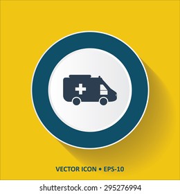Blue vector Icon of Ambulance on Yellow Color Background with Long Shadow. Eps.10.