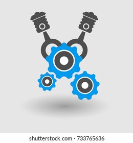 Blue Vector Icon Of Automotive Engine With Pistons. Use As Logo Or Icons For Applications