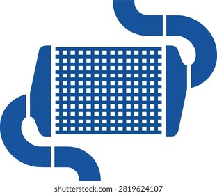 Blue vector icon of automotive performance intercooler with intake pipes.
