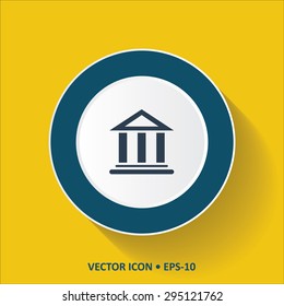 Blue vector Icon of Bank on Yellow Color Background with Long Shadow. Eps.10.