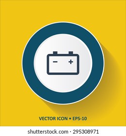 Blue vector Icon of Battery on Yellow Color Background with Long Shadow. Eps.10.