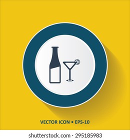 Blue vector Icon of Beer Glass & Bottle on Yellow Color Background with Long Shadow. Eps.10.