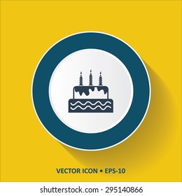 Blue vector Icon of Birthday Cake on Yellow Color Background with Long Shadow. Eps.10.