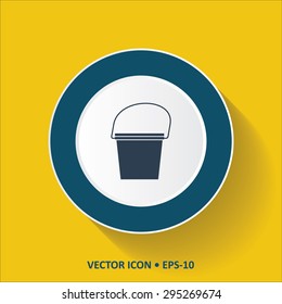Blue vector Icon of Bucket on Yellow Color Background with Long Shadow. Eps.10.