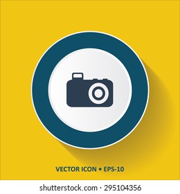 Blue vector Icon of Camera on Yellow Color Background with Long Shadow. Eps.10.