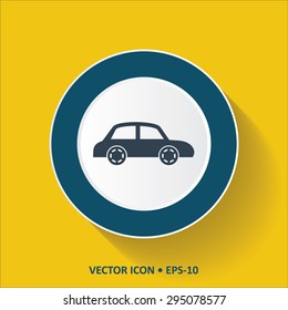 Blue vector Icon of Car on Yellow Color Background with Long Shadow. Eps.10.