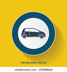 Blue vector Icon of Car on Yellow Color Background with Long Shadow. Eps.10.