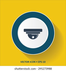 Blue vector Icon of CCTV CAMERA on Yellow Color Background with Long Shadow. Eps.10.