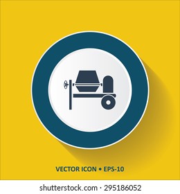 Blue vector Icon of Cement Mixer on Yellow Color Background with Long Shadow. Eps.10.