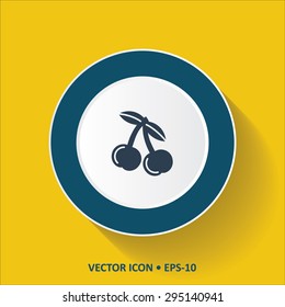 Blue vector Icon of Cherries on Yellow Color Background with Long Shadow. Eps.10.