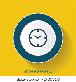 Blue vector Icon of Clock on Yellow Color Background with Long Shadow. Eps.10.