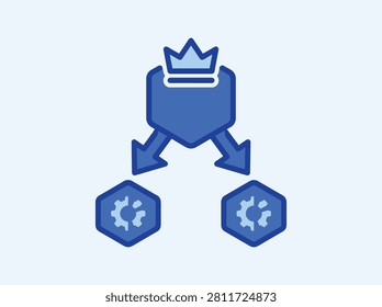 A blue vector icon depicting a crowned gear structure branching out to smaller gear units, representing centralized control and task delegation.