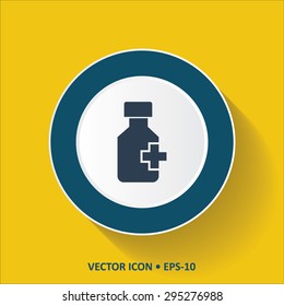 Blue vector Icon of Drug Bottle on Yellow Color Background with Long Shadow. Eps.10.