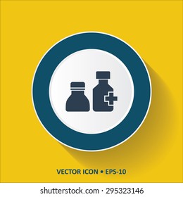 Blue vector Icon of Drug Bottle on Yellow Color Background with Long Shadow. Eps.10.