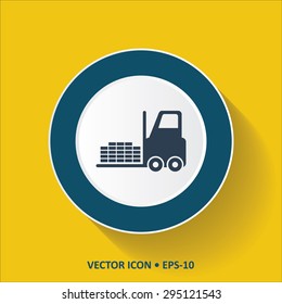 Blue vector Icon of Forklift on Yellow Color Background with Long Shadow. Eps.10.