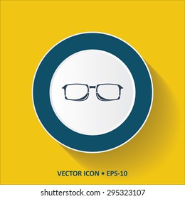 Blue vector Icon of Glasses on Yellow Color Background with Long Shadow. Eps.10.