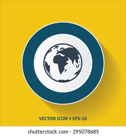 Blue vector Icon of Globe on Yellow Color Background with Long Shadow. Eps.10.