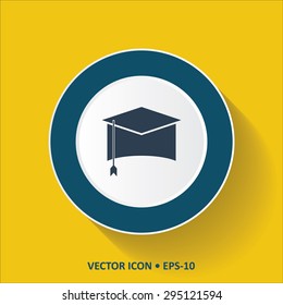 Blue vector Icon of Graduation Cap on Yellow Color Background with Long Shadow. Eps.10.