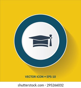 Blue vector Icon of Graduation Cap on Yellow Color Background with Long Shadow. Eps.10.