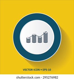 Blue vector Icon of Graph & Coins on Yellow Color Background with Long Shadow. Eps.10.