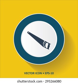 Blue vector Icon of Hand Saw on Yellow Color Background with Long Shadow. Eps.10.