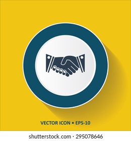 Blue vector Icon of Hand Shake on Yellow Color Background with Long Shadow. Eps.10.